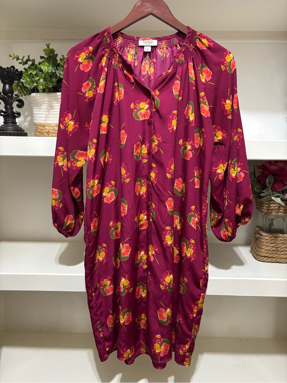 Tucker Floral Burgundy Long-Sleeve Smocked-Neck Dress